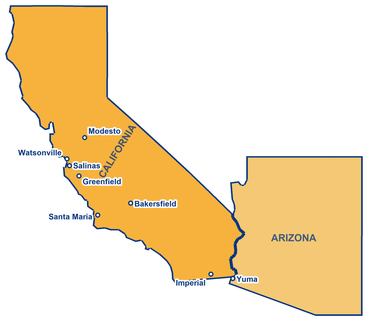Map of the eight Green Rubber Kennedy Ag drum motor drop off locations: Watsonville, Salinas, Greenfield, Modesto, Santa Maria, Bakersfield, and Imperial in California, and Yuma in Arizona