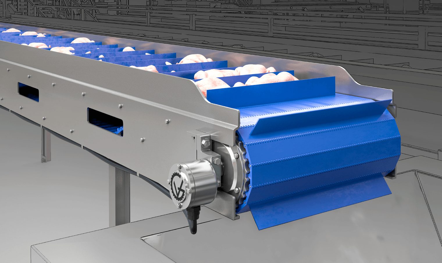 Van der Graaf SSV drum motor driving a stainless food processing conveyor in a washdown environment