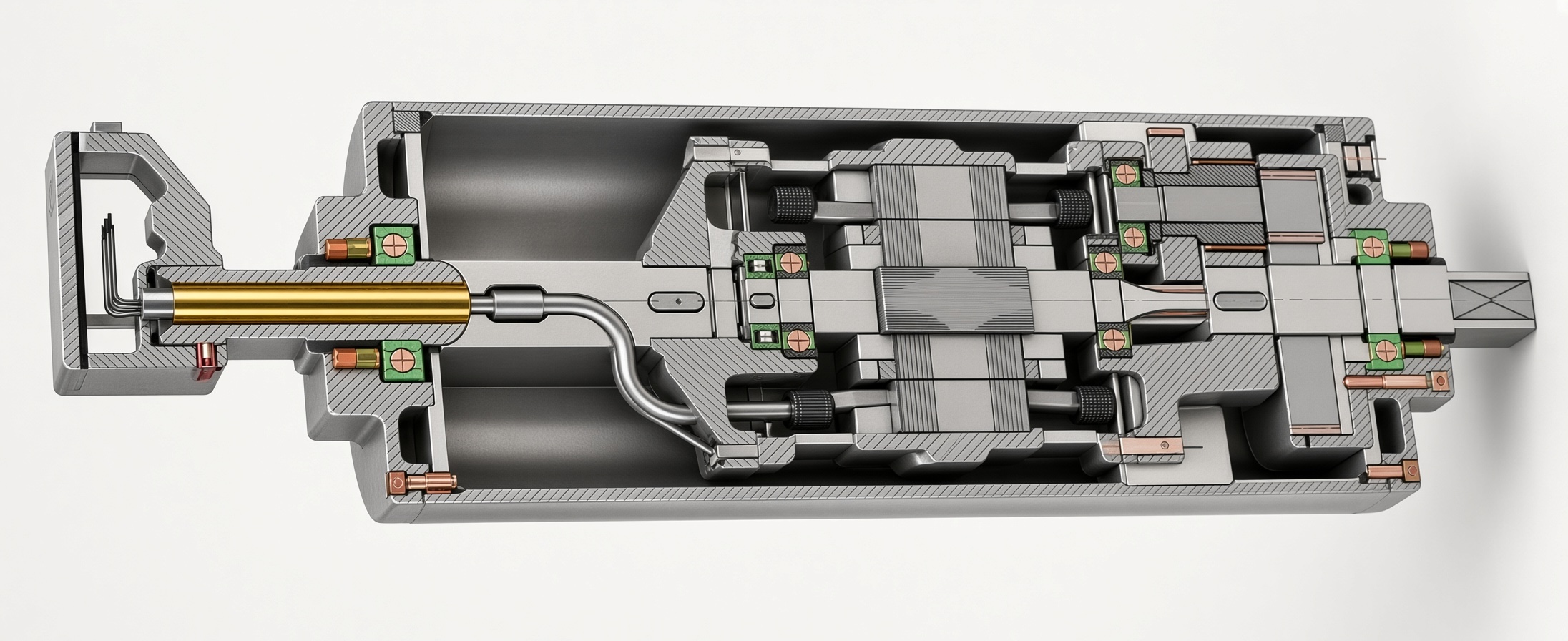 Cutaway of a Van der Graaf drum motor showing the hollow shaft and cable, stator, rotor, bearings, and gear train sealed inside the drum shell
